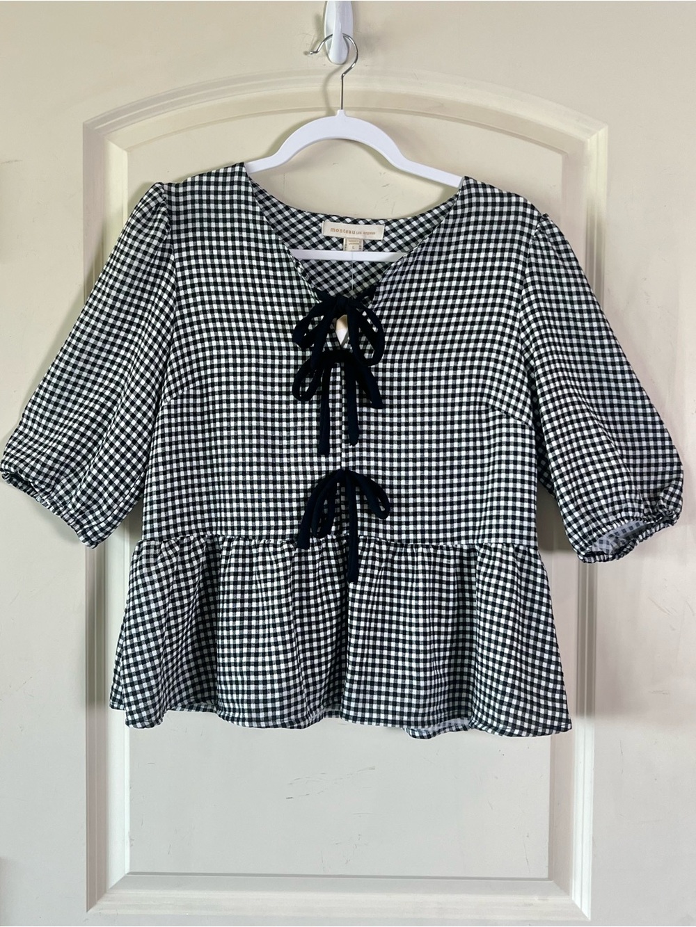 NWT Monteau Gingham Peplum Blouse Black White Bow Front Puff Sleeve Cottagecore